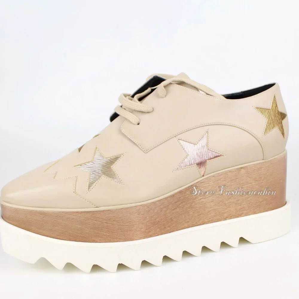 NEW Stella Mccartney Elyse Star Platform Sneakers, Beige Rose Gold Star, EU 40.5